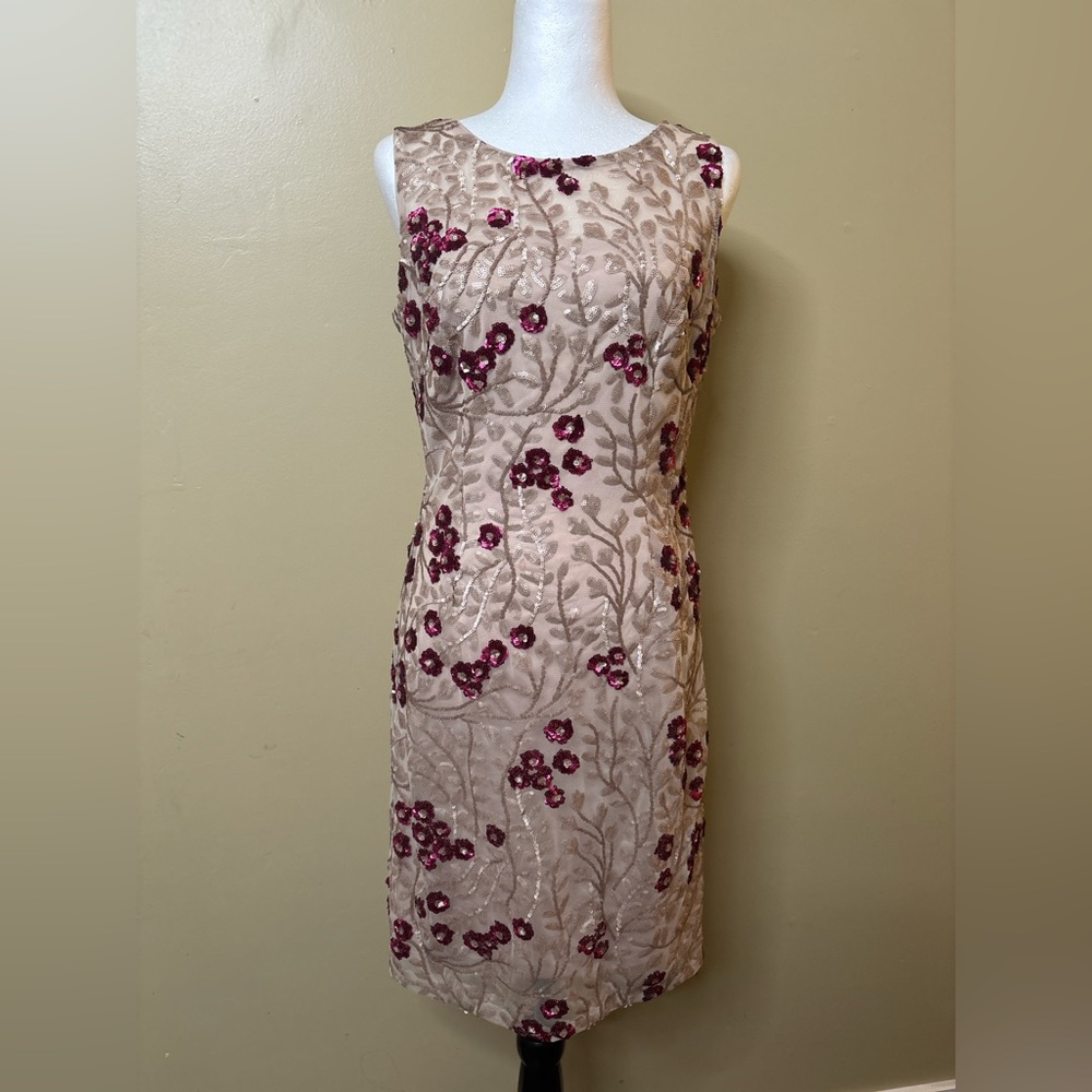 Calvin Klein Champagne Midi Dress with Fusha Floral Sequin Embellishment